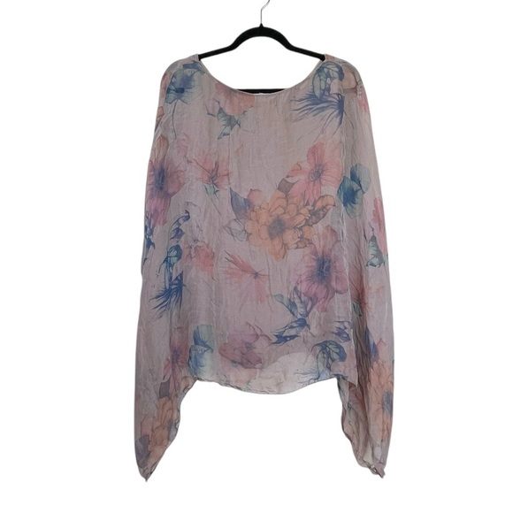 H TREND Italy Silk Floral Print Oversized Dolman Sleeve Blouse Taupe One Size - Picture 2 of 7